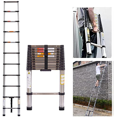 Scala telescopica in acciaio inox da 3,8 m, allungabile, multiuso, a pioli, scala da appoggio, facile da usare, portata 150 kg, Rigogo