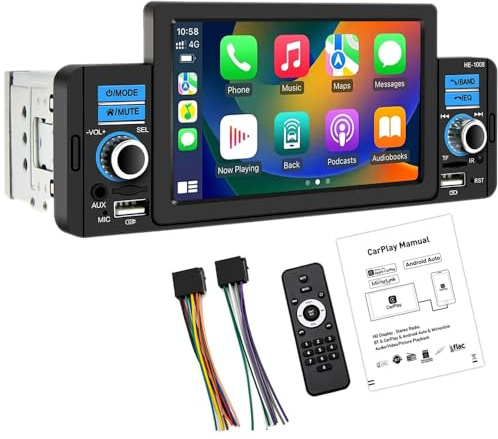 1 DIN CarAutoPlayar Receptor Multimedia estéreo Radio de Coche con Pantalla táctil de 5 con Apple CarPlayer Android Auto Compatible con Bluetooth Llamadas Manos Libres FM SWC USB AUX Mirror Link