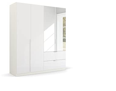 Rauch Möbel Quadra-Spin Glamour, Schrank, Hochglanz Weiß, Breite 181 cm | Kleiderschrank, 4-türig, Spiegel, 2 Schubladen, für Schlafzimmer, Jugendzimmer, Studentenwohnung, Garderobe, Flur