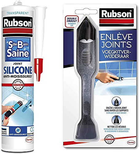 Rubson Mastic Salle de bain Saine Blanc, Joint silicone multi-matériaux renforcé en antifongiques, 280 ml & Rubson Enlève Joint à double embout, Outil pour enlever facilement les joints en silicone