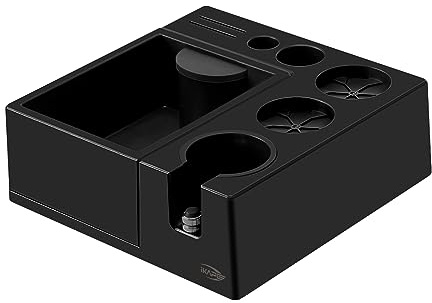 IKAPE Espresso Knock Box, Espresso Coffee Organizer Box Fit for Storage 51, 54, 58MM Espresso Tamper, Distributor, Portafilter & Puck Screen Accessories, Plastic Station Base(8 in One)(Black)