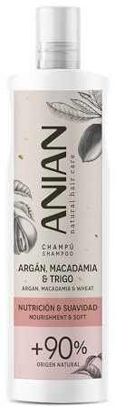 ANIAN - Champú Argán, Macadamia y Trigo, 400 ml, para Pelo Seco y Dañado, Nutrición y Suavidad, Limpia en Profundidad y Repara el Cabello, Nutre y Sella las Puntas, Recupera la Suavidad Natural