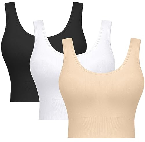 SIMIYA Women Seamless Sports Bra Wireless Compression Bra Without Pading Comfort Yoga Crop Tops Vest for Running Sports Fitness(Beige+Black+White,L)