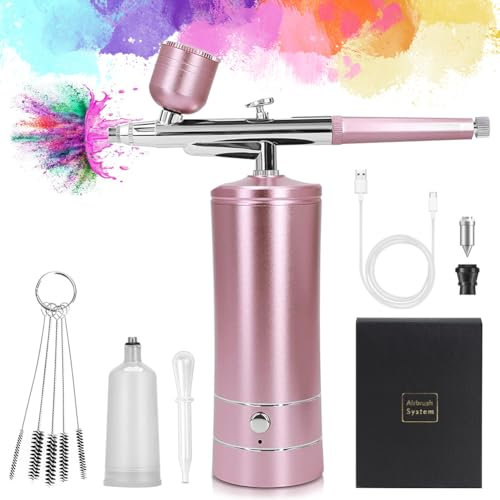 Kabellose Airbrush Set, 10Lpm Handheld Schnurloses airbrushpistole Tragbare Air Brush Kompressor-set Wiederaufladbare Airbrush Aluminium für Nägel Modellmalerei Kuchen Make-up, 0,3mm Düse