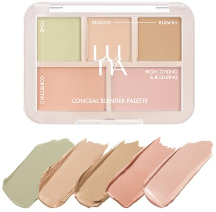 LUNA Conceal Blender Palette 01 Clear Cover 5-in-1 Color Correcting and Concealing with Beige, Green, Vanila, Medium Peach and Pure Bright Buildable, Suitable for Neutral and Warm Tones