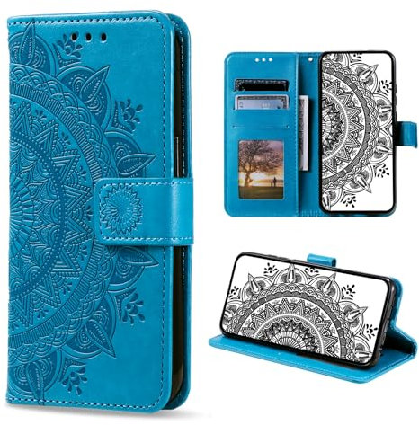 CASEONJAN Handyhülle für Huawei P10 Lite Hülle, PU Leder Klapphülle mit [Kartenfach] [Magnetverschluss], Flip Case Handytasche Prägung Schutzhülle für Huawei P10 Lite (Blau)