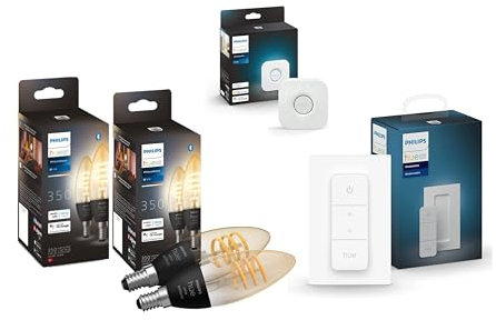 Philips Hue White Ambiance Filament E14 LED Lampe, dimmbar, Klar (2er Pack) + Dimmschalter für kabelloses Dimmen, Weiß + Bridge für mobile Steuerung, Weiß.
