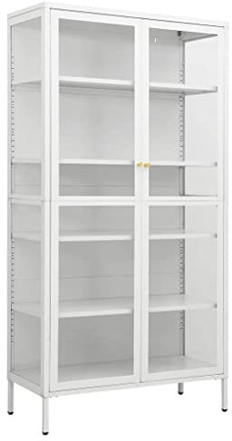 Hommdiy Vitrine mit 4 Regalfächern Highboard Hochschrank Standvitrine Glasvitrine Bücherschrank Weiß 90x40x180 cm Stahl und Gehärtetes Glas