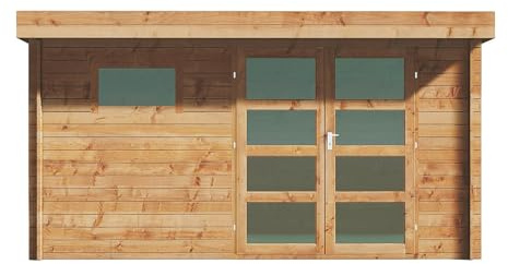 Vente-unique - Abri de Jardin en Bois traité par Autoclave avec Toit Plat - 13 m² - épaisseur 28 mm - CORALIO