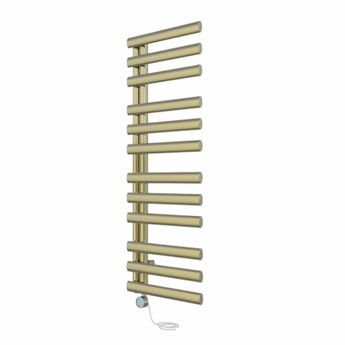 NRG Prefilled Designer Electric Heated Towel Rail Radiator Brushed Brass Thermostatic Bathroom Warmer with LCD Display 1200x450mm - 600 Watt