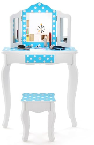 RELAX4LIFE Toeletta Trucco per Bambina, Specchiera Trucco con Sgabello e Cassetto, Toeletta in Legno, Specchio Rimovibile, per Bambini 3+ Anni (60 x 27,5 x 97,5 cm, Pois Blu)