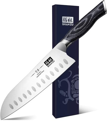 SHAN ZU Santoku Messer Kochmesser Küchemesser 18CM Extra Scharfe Profi Santokumesser aus Hochwertigem Carbon Edelstahl Chefmesser mit Ergonomischer K133 Holzgriff- GENBU-Serie