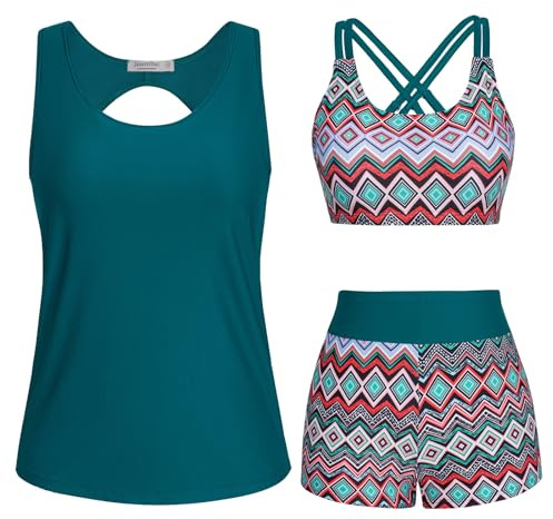 JASAMBAC Tankini för damer, 3-delad, med magkontroll, push-up-bikiniöverdel och badshorts med hög midja, enkla badkläder, sportbaddräkt, badmode för pool och strand, S