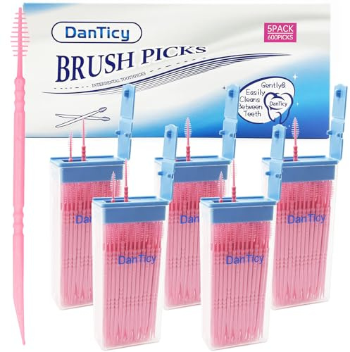 DanTicy Brushpicks Palillos de dientes interdentales, cerdas suaves con hilo dental, palillos de dientes, ayuda a eliminar la placa y los depósitos entre los dientes, 600 unidades (paquete de 5) fresa
