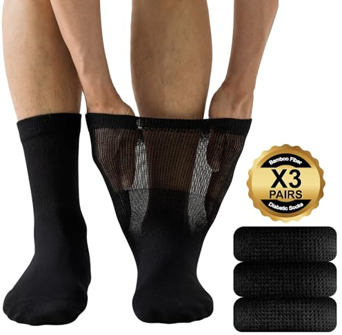 Niorasen Mens Extra Wide Loose Diabetic Socks, 3 Pairs Bamboo for Swollen Feet & Legs, Elastic Soft Top Breathable Seamless