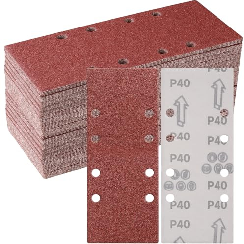 Sruhrak 50 Piezas 93 x 230mm Lijas para Lijadora, 40 Grano Rectangulares Papel de Lija 8 Agujeros Hojas de Lija para Rectangulares Lijadoras y Lijadora Orbital