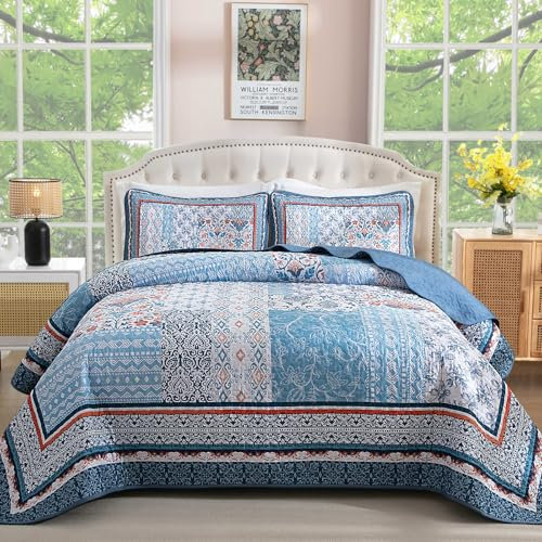 WONGS BEDDING Blaues Steppdecken-Set für Queen-Size-Betten, Bohemian-Patchwork-Tagesdecke, Überwurf-Set, wendbar, Boho-Blumenmuster, Tagesdecken, Bettwäsche-Set für alle Jahreszeiten (243,8 x 228,6