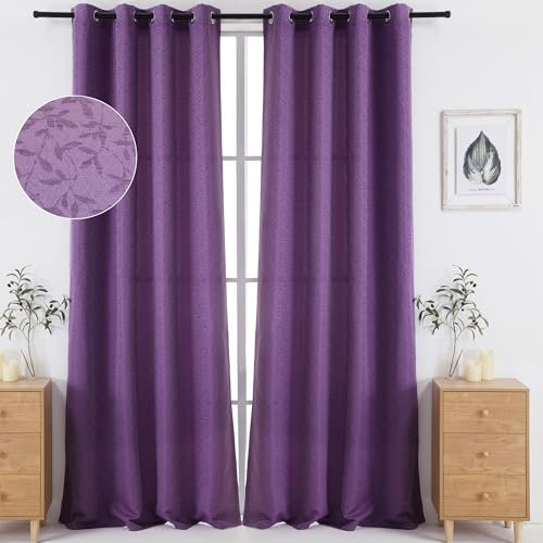 Viste tu hogar Pack 2 Cortinas Jacquard con Estampado de Hojas, Decoración Premium, Ideal para Salón de Otoño e Invierno, 150x260cm, Color Lila