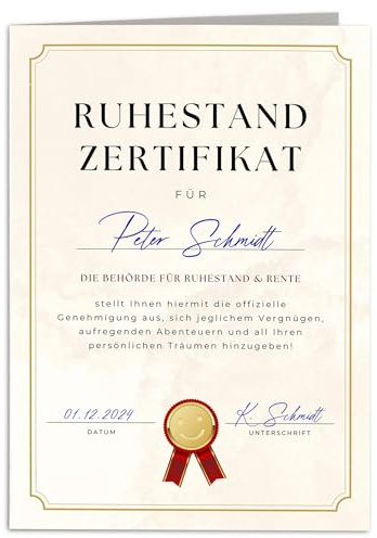 Renteneintritt Karte personalisiert zum Ruhestand mit Umschlag | Personalisiert, hochwertiger Karton, inkl. Umschlag, Rentenkarte als Zertifikat, Geschenk zur Rente