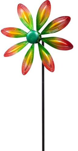 Kinetic Art Windspiel Metall Windrad kugelgelagert - Windmühle inkl. Bodenanker wetterfest standfest ideal für Terrasse und Garten (Flower Multi-Color, Single)