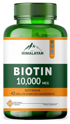 Divya Himalayan 10000 MCG Biotin Supplement Capsules Promote Hair Skin & Nails Health Enriched with Sesbania grandiflora Vitamin C Grape Seed & Bamboo Extract for Men Women - 60 Capsule