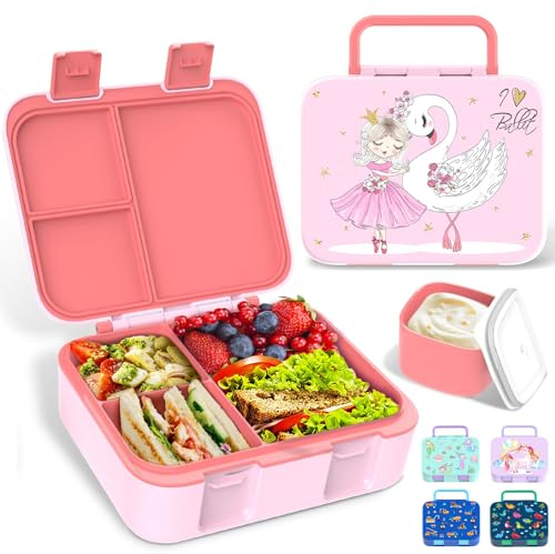 Anyiner Kids Lunch Box, Leakproof Bento Lunch Box with Multi-Compartments & Sauce Jar, Portable Snack Box Mermaid Bento Box for Kids Adults Work School, Pink Swan Ballet