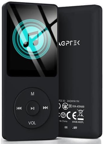 AGPTEK 64Go Lecteur MP3 Classique, Ultra-Longue Autonomie jusqu'à 70 Heures, Super Léger 30g, Lecture Musique sans Perte Hi-Fi, Petit Baladeur MP3 Sport pour Enfant/Adulte, Carte TF Jusqu’à 128G -Noir