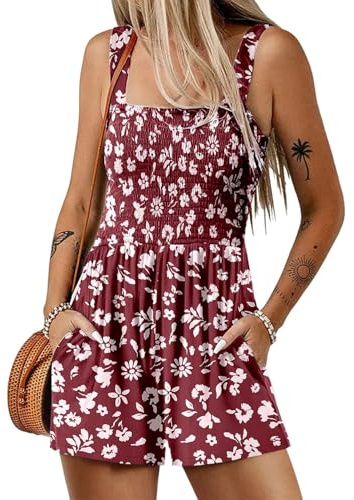 QUNERY Mono Corto Mujer de Verano 2025 Sin Mangas Peto Mujer Verano Bohemia Casual Sueltos Jumpsuit con Bolsillos Moda Playa Rojo XXL
