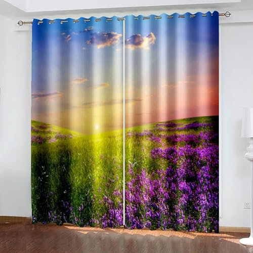 Bishilin Vorhänge Blickdicht 2er Set 137x214CM, Verdunkelungsvorhänge mit Ösen Natur Sonnenuntergang Lavendeln Grünland Gardinen Kinderzimmer Jugendzimmer