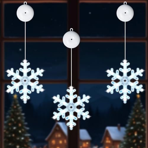 Lamptobe 3 Stück LED Weihnachtsbeleuchtung Schneeflocke, 36 KaltesWeiß LED Weihnachtsdeko Fenster mit Saugnäpfe, Timer, 2 Modi, Batteriebetrieben Weihnachts Fensterbeleuchtung für Weihnachten