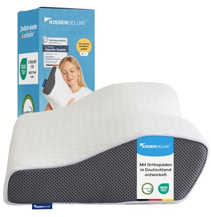 KissenDeluxe® – Orthopädisches Kopfkissen gegen Nackenschmerzen | Ergonomisches Nackenkissen aus Memory Schaum | Seitenschläfer & Rückenschläfer | Schnarchen reduzieren - Ökologisch - Kissen Deluxe