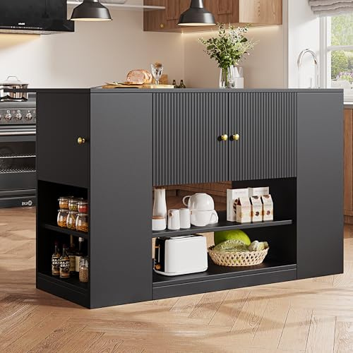 Rvjiahe Moderne Kücheninsel, Küchenschrank, buffetschrank, Küchenschrank mit Schubladen und Regalen, Sideboard für Küche & Esszimmer, Schwarz