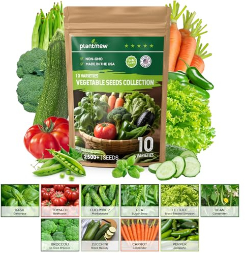 PLANTMEW 10 Vegetable Seeds Pack - Non GMO, Heirloom - Basil, Snap Pea, Broccoli, Bean, Jalapeño Pepper, Tomato, Lettuce, Cucumber, Carrot, Zucchini Seeds for Planting Home Garden