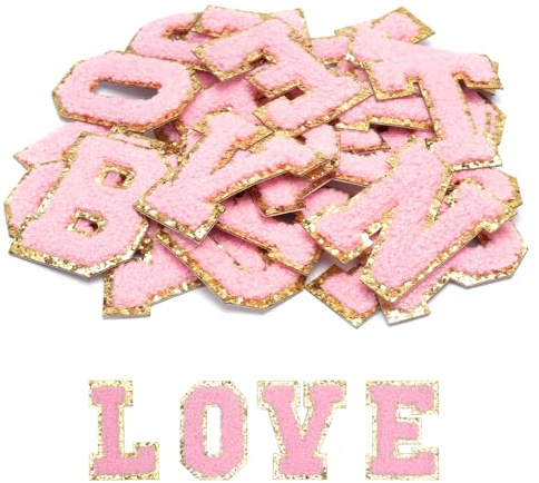 26 Stück Chenille Buchstaben Patches 6×5.6cm Selbstklebende Alphabet Stoffaufnähe A-Z Applique Aufnäher Aufkleber zum Aufnähen Rosa DIY Buchstaben für Kleidung Jeans Taschen Schuhe Hut Deko