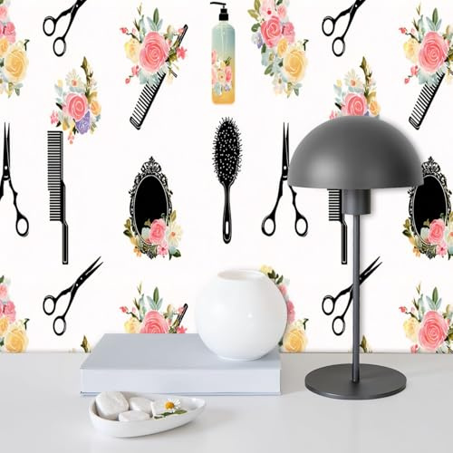 Peel and Stick Wallpaper Hair Styling Tools Floral Accents Scissors Comb Mirror Wall Paper Self Adhesive Removable Wallpaper for Barber Shop Salon Cabinet Decor 17.7x118 Contact Paper Rolls