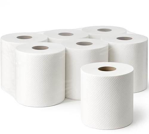 VILAROA 6 Rollos de Papel Industrial Bobina Papel Secamanos Toallas Desechables Secamanos Alta Absorción Bobina Industrial Grande Mecha Doble Capa Rollo Cocina Servilletas 90m 450 Servicios (6, 600)