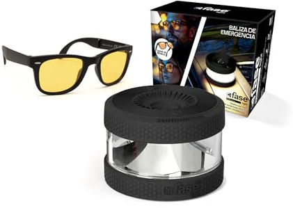 Luz de Emergencia Baliza V16 Geolocalizada, Homologada por DGT con Conectividad IoT, Datos Incluidos hasta 2038, Base Magnética, Incluye pilas y Gafas de Conducción Nocturna (1 Ud Negro + Gafas)
