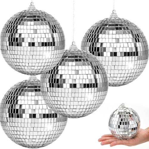 4 Stück 10CM Discokugel,Discokugeln mit hängendem Ring,Silber DiscokugelDiscokugel Deko Aufhängen,Klein Spiegelkugel für Weihnachtsbaum Hochzeit Geburtstagsfeier Dekoration