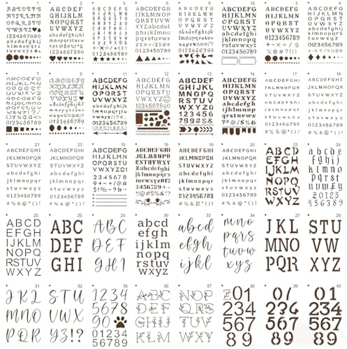 Juego de plantillas de letras y números, 40 plantillas reutilizables del alfabeto, múltiples fuentes para diario y manualidades