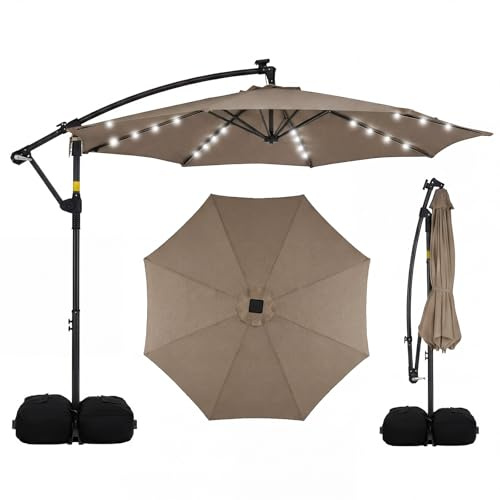 COSTWAY 2.9M/3M Garden Cantilever Parasol, Outdoor Offset Banana Hanging Umbrella with LED Lights, Crank Handle and 360° Rotation, Water-proof Sun Shade Canopy (3M, Brown, with 32 Lights)