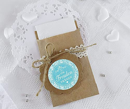 SET KLEIN: 24 Freudentränen Sticker + 24 braune Flachbeutel - Kraftpapier - 63 x 93 mm für Freudentränen Taschentuch Verpackungen • Aufkleber mit Ornamenten in TÜRKIS • 4cm, rund, matt