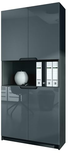 Vladon Büroschrank Logan V2, Made in Germany, Aktenschrank mit 5 Fächern und 4 Türen, Schwarz matt/Grau Hochglanz (82 x 184 x 37 cm)