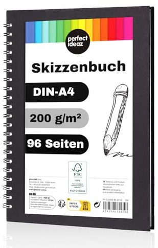 perfect ideaz - Skizzenbuch DIN-A4, Spiralbindung, FSC® zertifiziert, 96 Seite (48 Blatt), Hardcover Schwarz, Sketchbook, 200 g/m² dickes Papier, säurefrei
