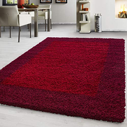 Hochflor Teppich Wohnzimmer Bordüre Design Schlafzimmer Esszimmer Flur Küchenteppich Weich & Flauschig Langflor Pflegeleicht Rechteckig Teppich in Farbe: Rot, Grösse: 100 x 200 cm