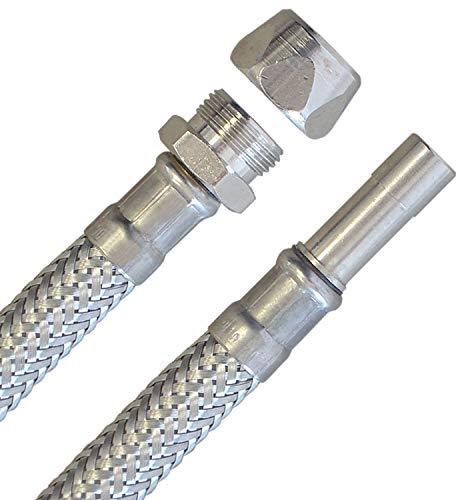 Panzerschlauch 10mm Quetsch x 10mm Rohrstutzen, Flexschlauch für Sanitär mit Trinkwasserzulassung, DN08, Edelstahl, Länge 100 cm, Made in Germany