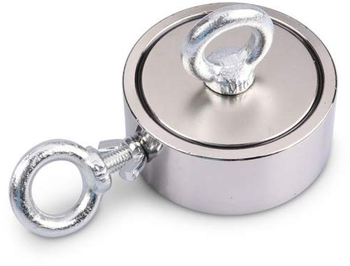 Bergemagnet aus Neodym mit 2 Bohrungen und Schraubösen (magnets4you) - superstarker Magnet für Magnetfischen/Magnetangeln | vernickelter Ösenmagnet - hält bis 2 x 1100 kg