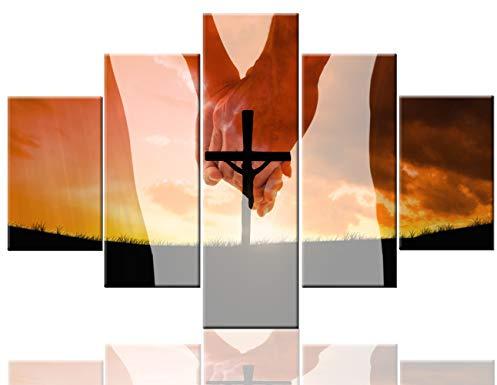 Wall Crosses Decor Crucifix Pictures for Living Room Jesus Christ Artwork 5 Pcs/Multi Panel Canvas Bride and Groom Holding Hands Pictures Giclee Framed Ready to Hang Posters and Prints(60''Wx40''H)