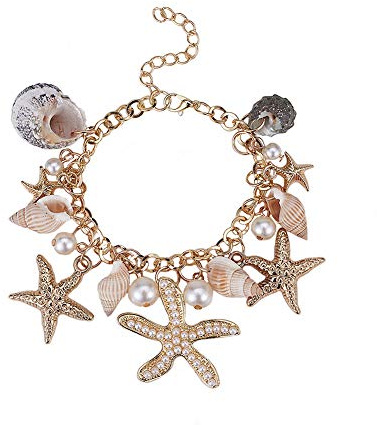 PandaHall Elite 1 Strang Seestern Muschel Armbänder Meerjungfrau Schmuck Conch Seestern Faux Perle Fußkettchen Armband Charm Frauen Bohemian Einstellbare Muschel Armband, 18,7cm
