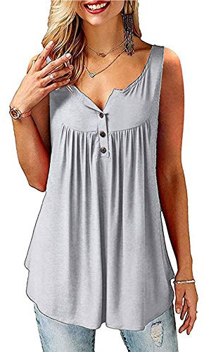Amoretu T-shirt damer V-ringad knappslå blus solid tunika långa/kortärmade toppar, C-ärmeless-grå, S