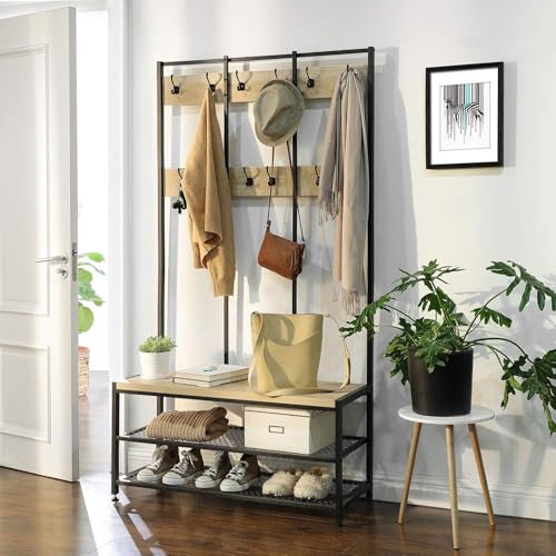 ACAZA 3-in-1 Garderobenständer mit Bank & Schuhregal – Flurmöbel aus Metall und Holz – Kleiderständer mit Sitzbank – 100 x 40 x 186cm - Eiche Hell